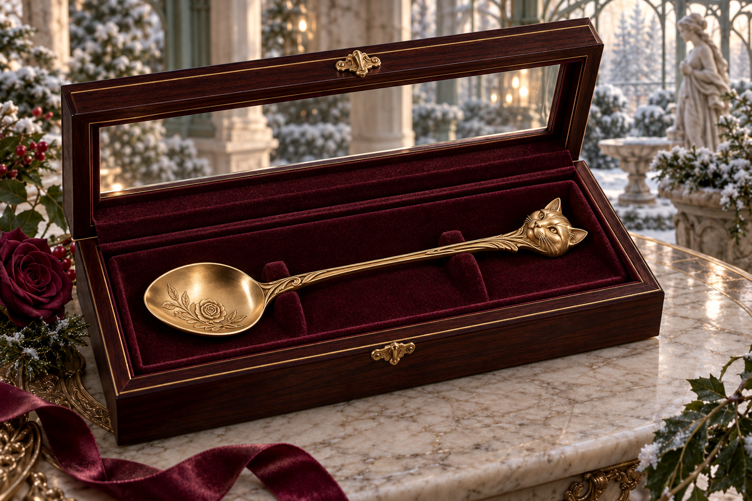 Mystic Rose gold spoon with a sculptural cat head, presented in a glass-lidded wooden box