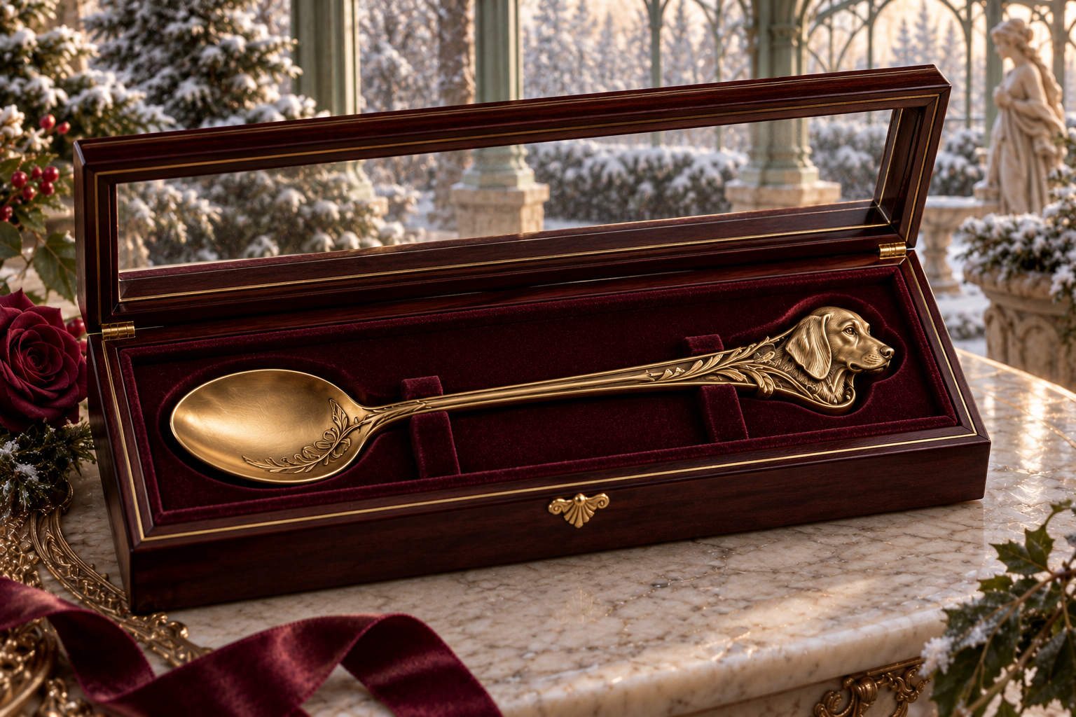 Mystic Rose gold spoon with a sculptural dog head, presented in a glass-lidded wooden box