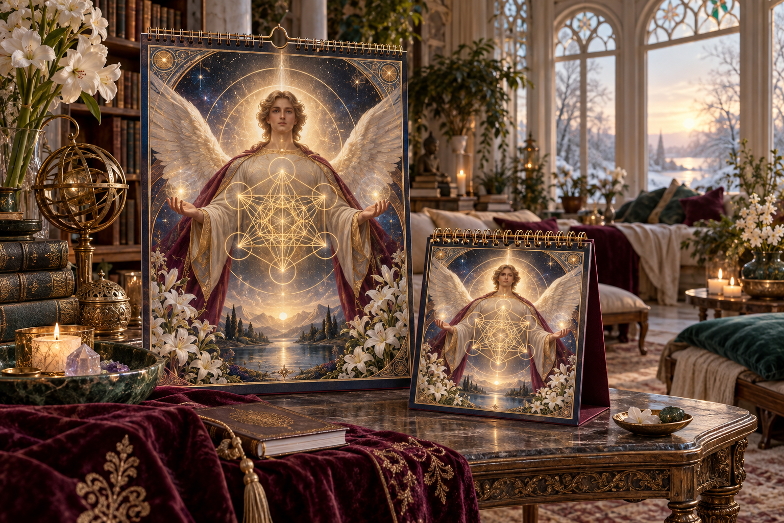 Archangel Metatron 2027 wall and table calendar in a restorative sanctuary