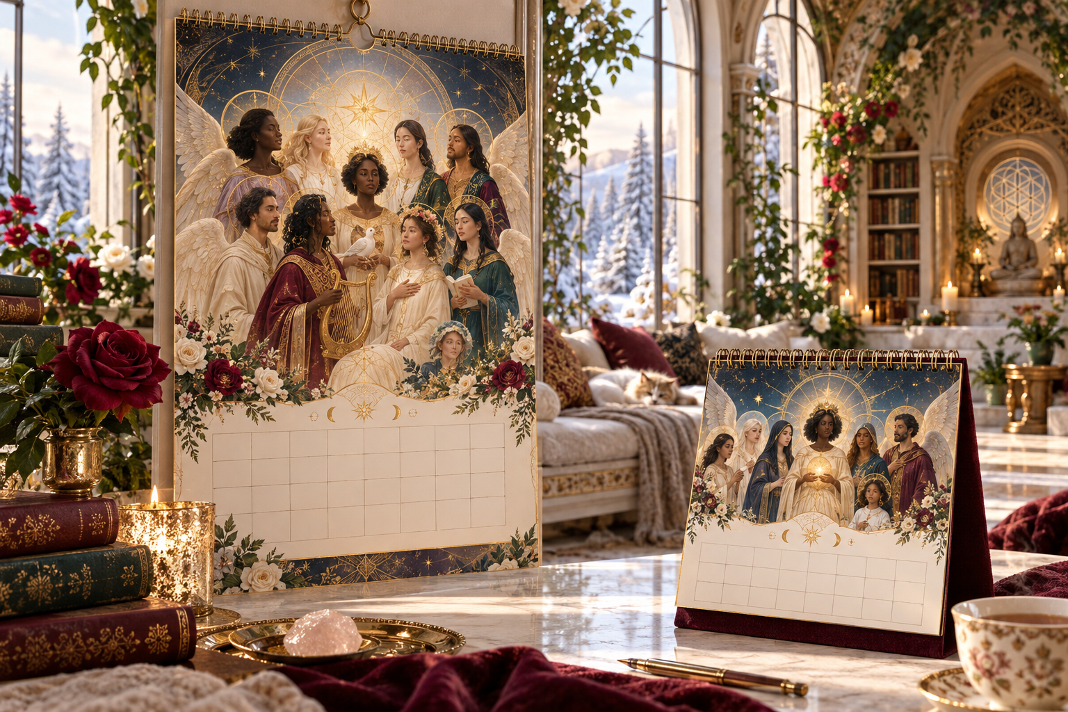 The Choir of Angels 2027 wall and table calendar in a restorative sanctuary
