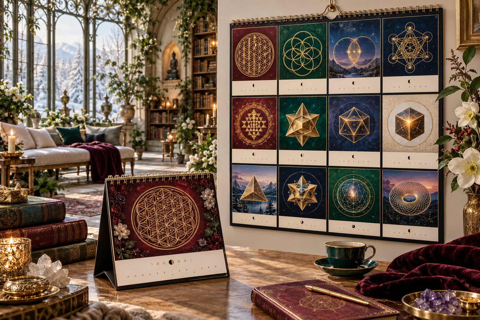 Sacred Geometry 2027 wall and table calendar in a restorative sanctuary