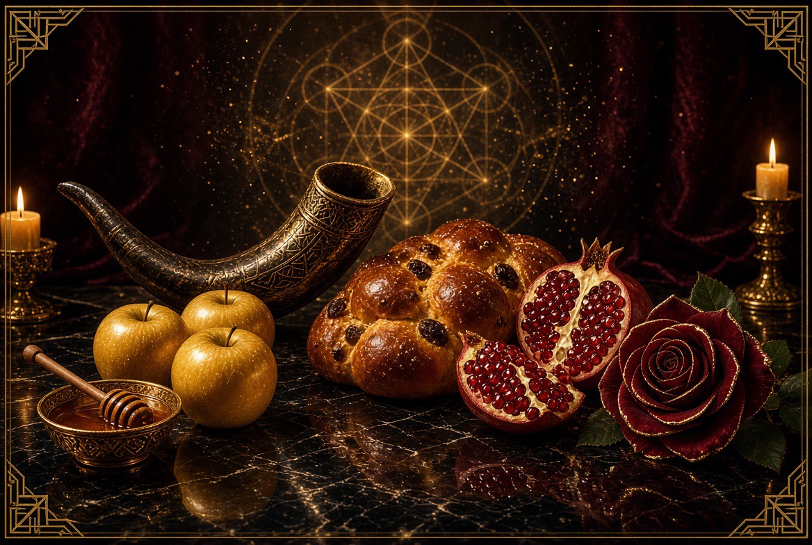 Rosh Hashanah still life with a shofar, round challah, apples, honey, pomegranates and a burgundy rose, framed by candlelight and golden geometry