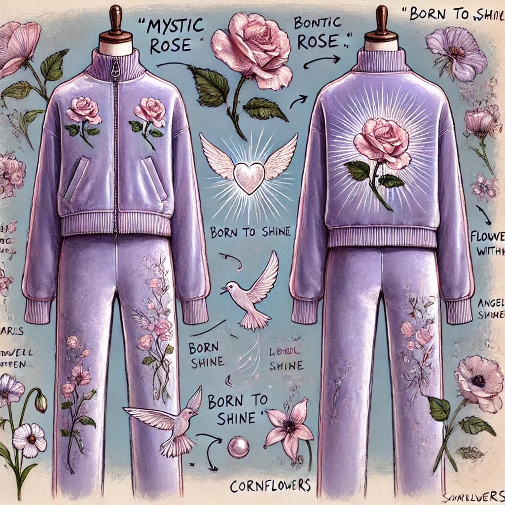 Soft-lilac tracksuit shown front and back with roses, flowers and doves