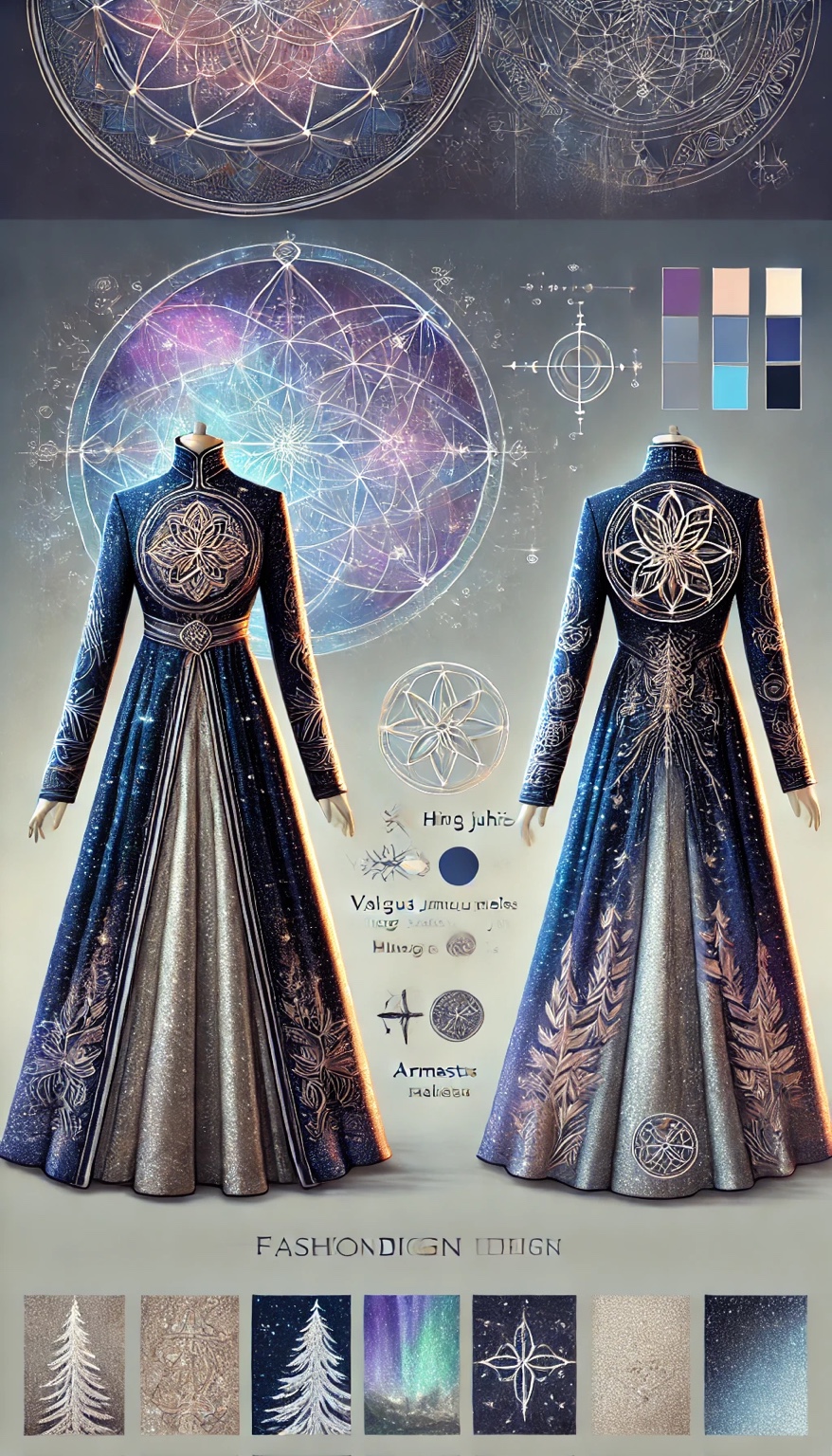 Midnight-blue long ceremonial tracksuit dresses with silver sacred-geometry embroidery