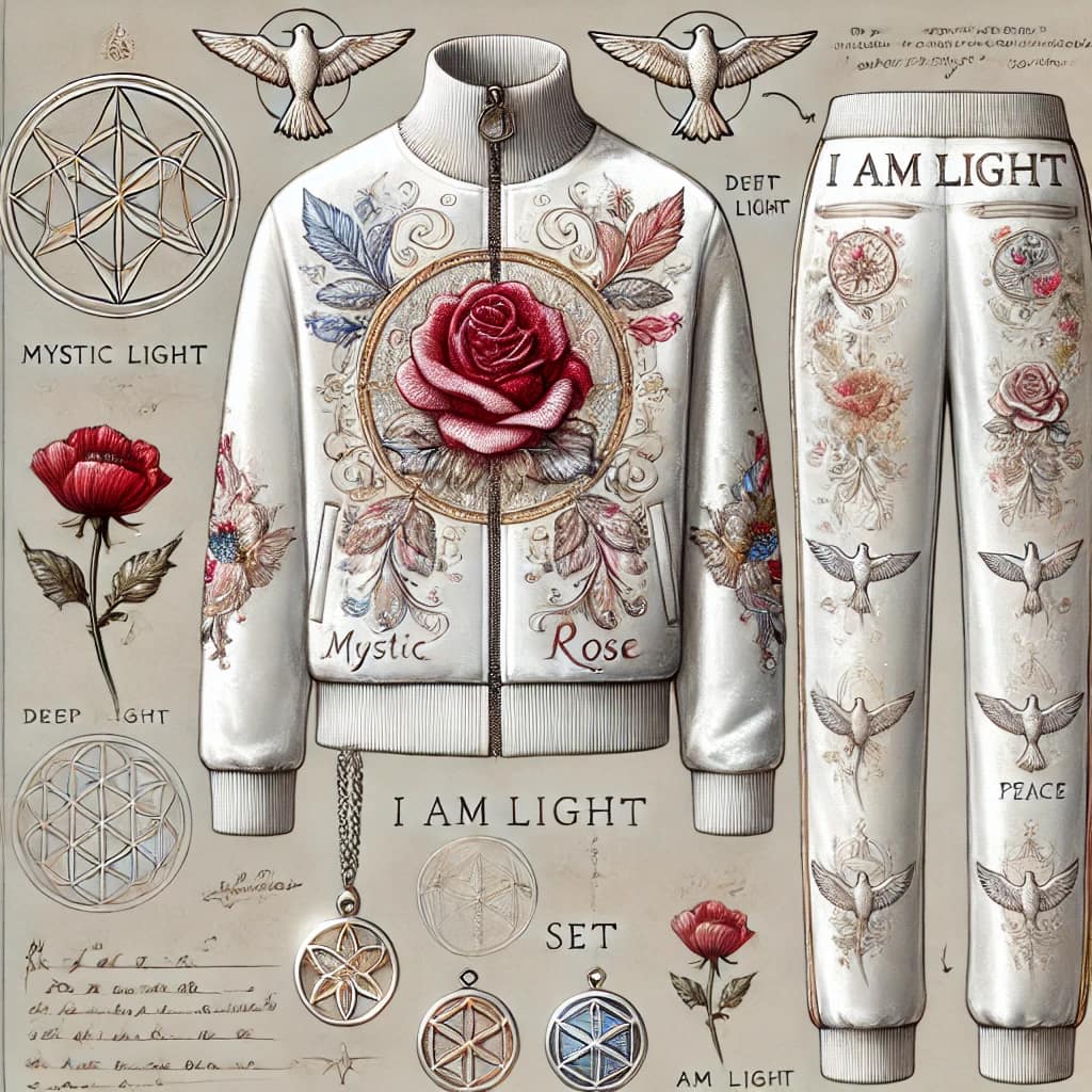 Ivory tracksuit with a red rose, birds and sacred-geometry medallions