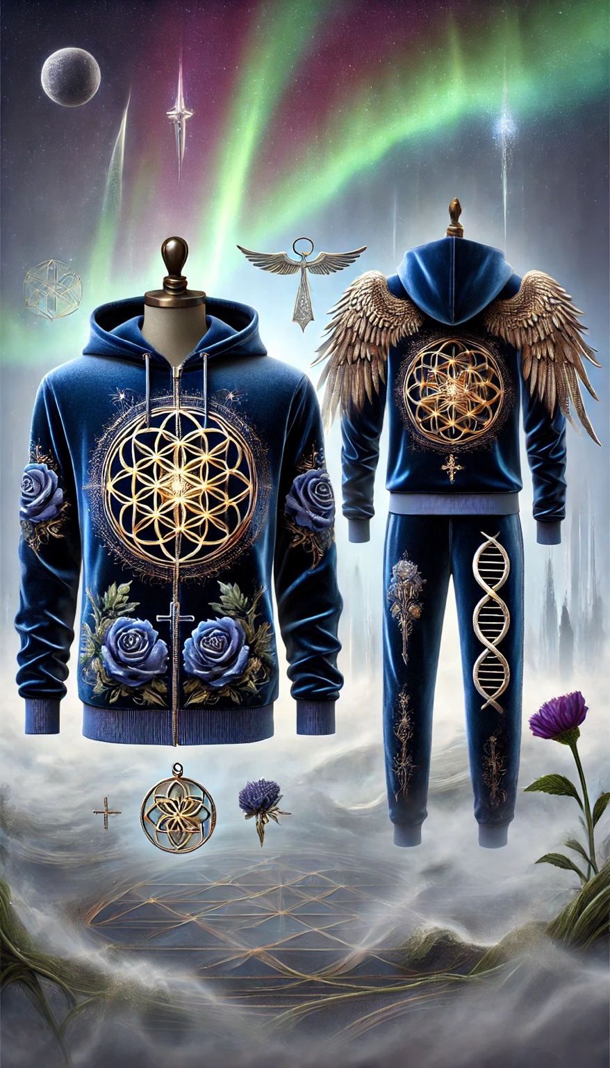 Deep-blue velvet tracksuit with golden Flower of Life, roses and winged shoulders