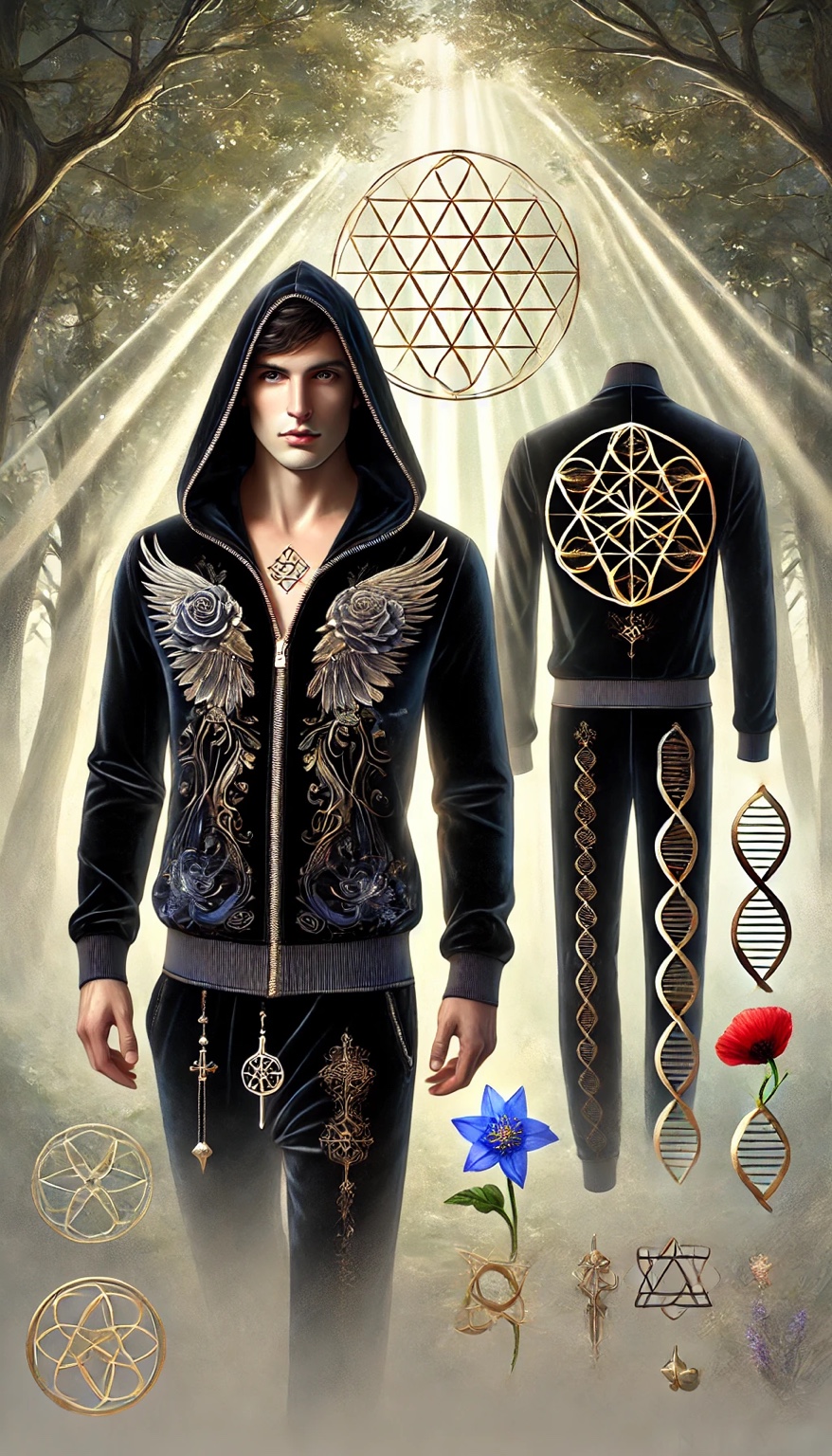 Black hooded tracksuit with golden sacred geometry, roses and wing details