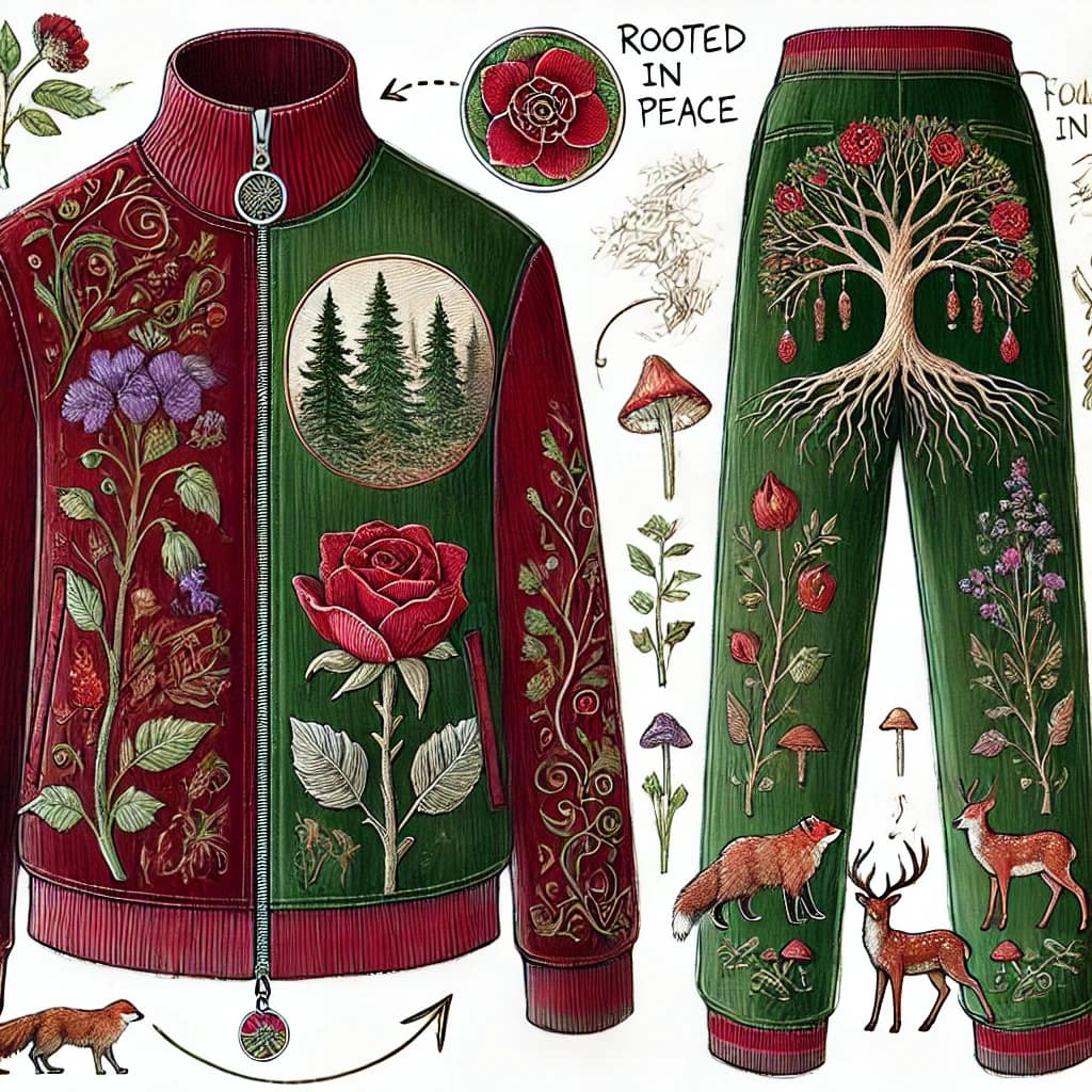 Forest-green and burgundy tracksuit with roses, trees, woodland flowers and animals