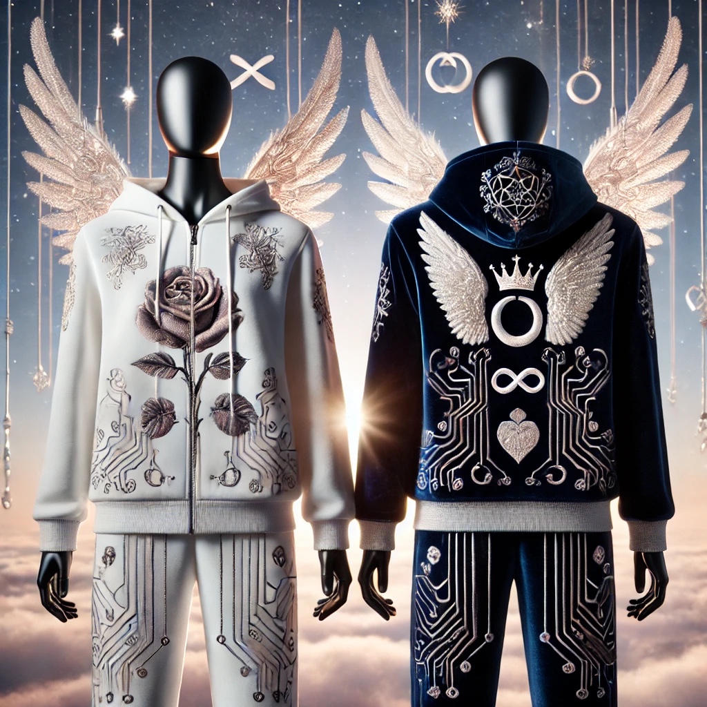 White and midnight-blue hooded tracksuits with roses, wings, a crown and infinity motifs