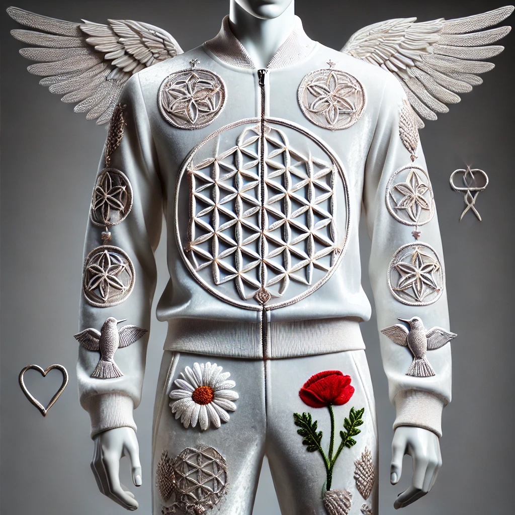 Pearl-white tracksuit with silver sacred geometry, birds, flowers and sculptural wings